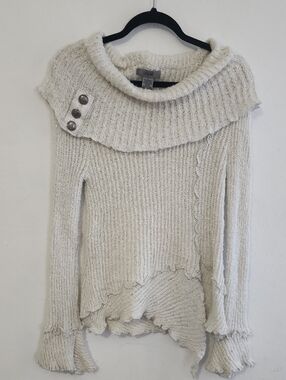 Y2k Fairycore Off Shoulder Cowl Neck Asymmetrical Knit Sweater Cream Sparkle L